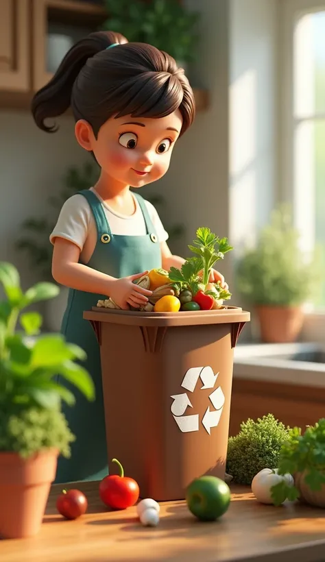  character () properly discarding organic waste in the recycle bin (brown)