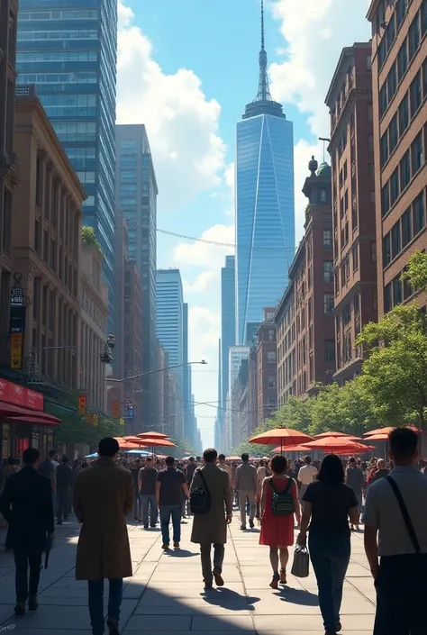  A city skyline or bustling street filled with people—some walking quickly, others pausing, but all moving forward. Ultra realistic 