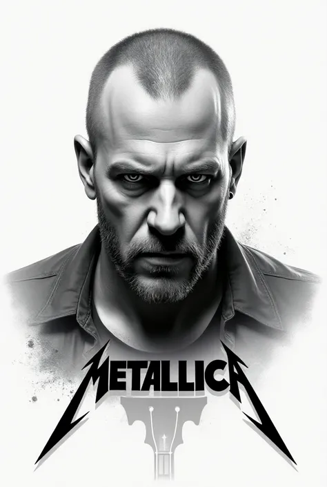  Creates a drawn image of James Hetfield , Metallica guitarist and singer in addition to a guitar and the Metallica logo in a style similar to the album cover "and justice for all" that is, in white and gray 