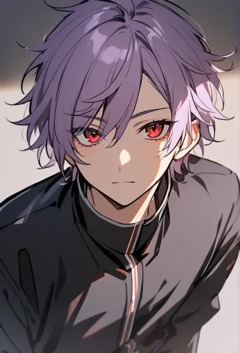 1 boy, light purple hair, red eyes, black uniform, handsome, messy hair, Swept Bangs, short hair, teenage boy، black uniform