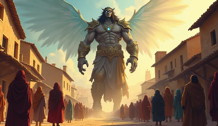 1.	 Illustration of giant Nephilim, with mystical appearance, living among people , displaying strength and power.In biblical times 
.Create in Disney style , Pixar e Cartoon