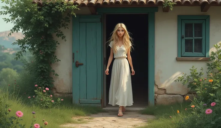 A blond woman with blue eyes leaving her simple house 