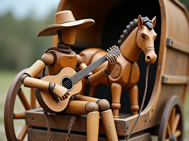 now do it a articulated wooden dressed as a argentinian gaucho with  a guittar and a articulated horse insperide by the Martin Fierro and in a wood carter sey DALA ARGENTINA