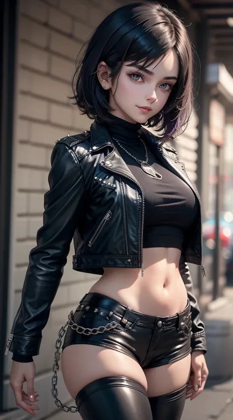 young girl, short black hair, violet eyes, smirk, Black leather jacket with spikes, open belly, breeches, Chains on clothes, ,  , hiquality, 4k, HD, Good detail