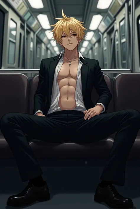 a anime male, young teen like  blonde hair in a suit on the subway with no shirt and hes sitting down with his legs spread showing off a big bulge in his pants