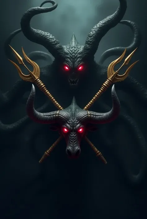  1 minotaur head and the dark background of a kraken with red eyes peeking out above the minotaurs head,  and surrounding with its tentacles the head of a minotaur with 2 crossed golden tridents  ,animated logo dark 