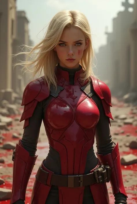 Girl 15 blonde shoulder-length blonde hair sexy armor red blood overflows