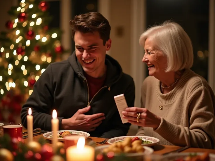 A warm and festive family Christmas dinner. In the foreground, a young man with an upset stomach expression, showing discomfort while holding his abdomen. In the background, a smiling older woman with a caring attitude, holding a box of medicine, ready to ...