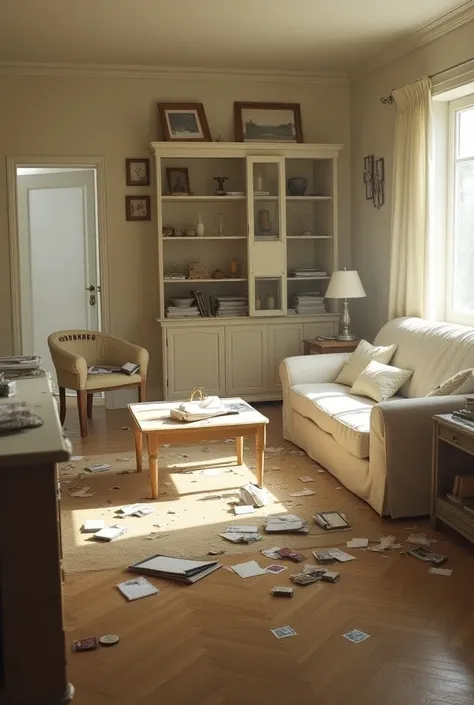 a beige and white living room with a light brown parquet floor, a white couch, a beige carpet and a coffee table. The cushions on the couch have been cut up, picture frames lie broken on the floor and the cupboards have been ransacked.