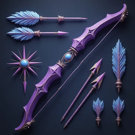 A purple bow that has two buttons on, one a sharp knife comes out and the second button brings out the thorns, the arrows are shop as a needle and covered in poison with light blue feathers
