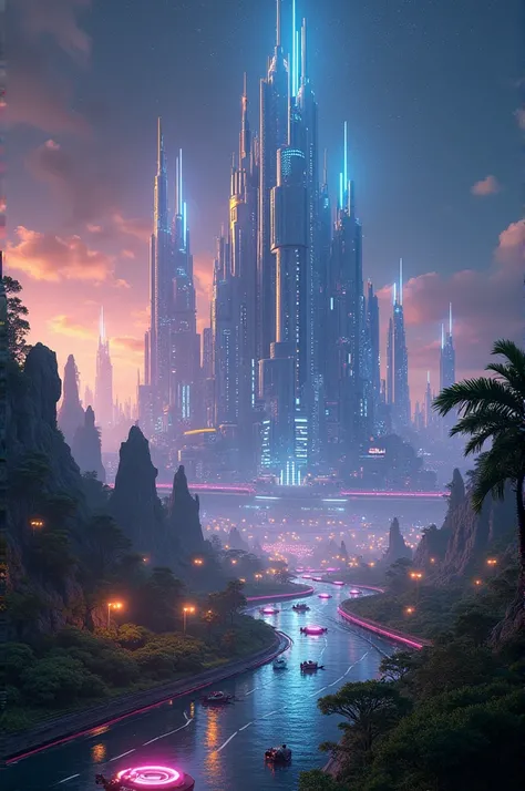 A breathtaking view of a futuristic alien city rises against a starry sky, with towering spires made of shimmering metal and glass. Vibrant neon lights pulse along the streets, illuminating hover vehicles darting through the air. The ground is filled with ...