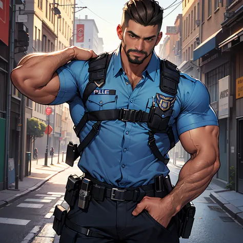 best qualtiy， tmasterpiece，  Ultra High Resolution ， detailedbackground， photorealistic， illustratio， Single， 1   boy， Muscle men， sbeard， Police， the street， musculature， Facial hair， Volumetriclighting， depth of fields， Blue short-sleeved shirt police un...