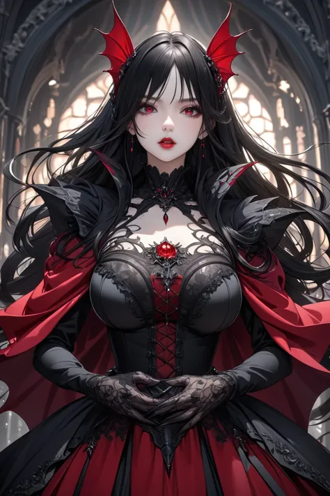 vampire queen, black hair, black clothes, big boobs fully clothed, detailed background, every detail is rendered in superb detail, perfect composition, masterpiece, best quality, 8k, ultra-detailed, very clear, perfect anatomy, anatomically correct hands, ...