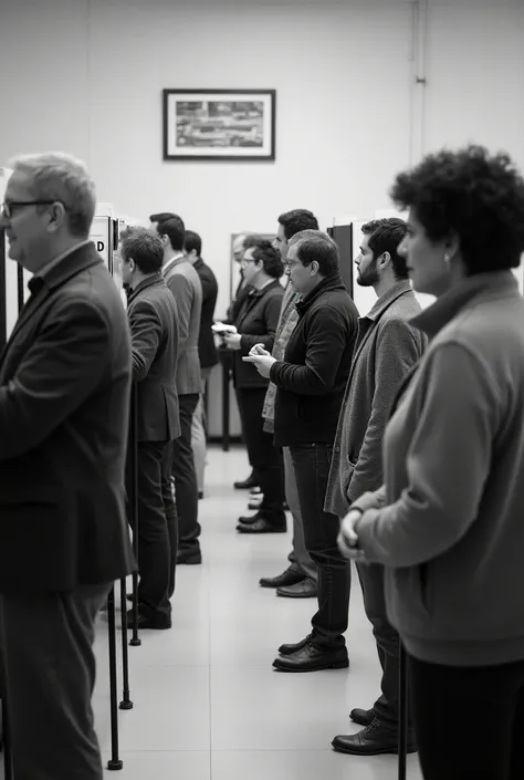 Voting in elections: A black and white picture of people voting at a polling station in the voting box 