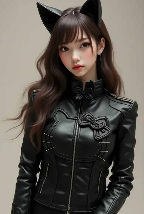 Make a Hello Kitty woman with brown hair and black leather jacket as it is in the shape of Hello Kitty 
