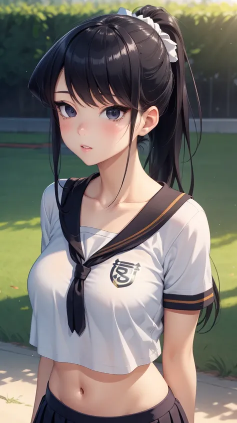 1girl, Komi Shouko, natural lighting, masterpiece, highly detailed, illustration, game CG, absurdres, high quality, beautiful detailed eyes, ponytail, bangs, glossy lips, collarbone, cheerleader, midriff, school field