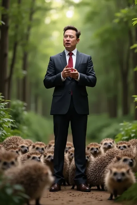 Generate Elon musk making announcement among plenty Hedgehog animal.🦔 