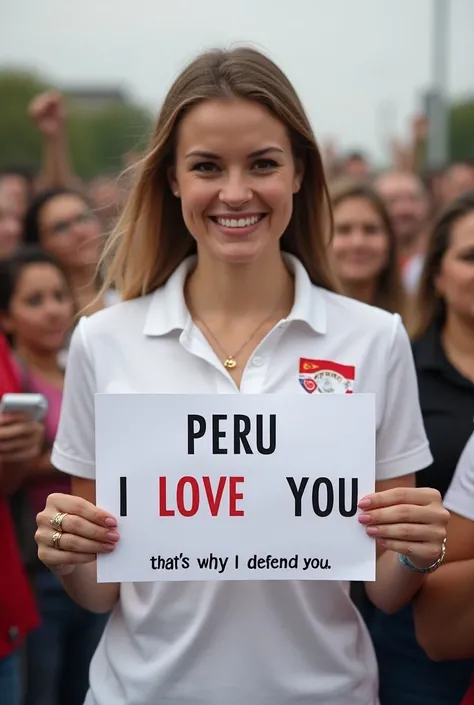  woman wearing white polo ,  with dozens of people holding a small , with a text  "PERU I LOVE YOU " size Large and centered ,  followed by another small text  " thats why I defend you "  banner at the bottom of the banner.