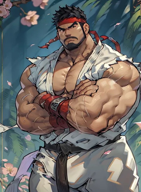 (masterpiece, best quality:1.2), cowboy shot, solo, male focus, 1boy, ryu (sf), middle age, serious, determined face, white skin, looking at viewer, black hair, black beard, detailed face tall, hunk, muscular, wide shoulder, big physique, wearing big white...