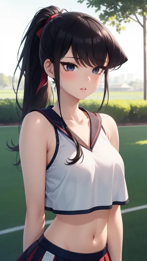 1girl, Komi Shouko, natural lighting, masterpiece, highly detailed, illustration, game CG, absurdres, high quality, beautiful detailed eyes, ponytail, bangs, glossy lips, collarbone, cheerleader, midriff, school field