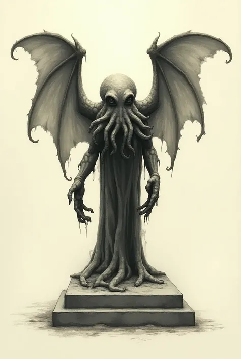 Cthulhu statuette on a rectangular block in a pointillism technique drawing