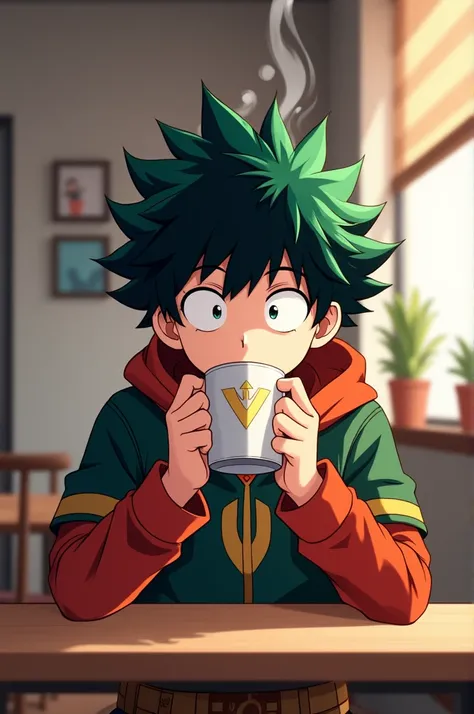 Create an image of Boku No Hero, a boy drinking coffee 