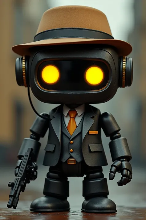 ((best quality)), ((masterpiece)), (detailed), perfect face, cute little robot ,  with yellow digital eyes wearing a suit and a Fedora hat,  holding a black Tommy Gun 