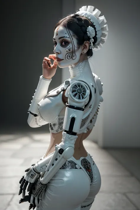 ultra detailed side portrait of female android, beautiful attractive latina woman with white skin, (dia de los muertos), face is decorated with intricate catrina patterns, female cyberpunk android, very white skin, intricate robot body, very intricate skul...