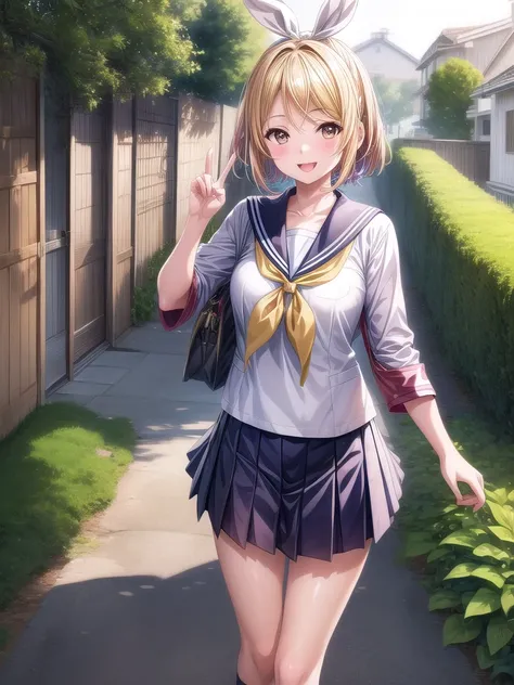 A high-resolution, 8K image of a beautiful Japanese schoolgirl in a sailor-style uniform, walking to school in the morning. She is cheerfully raising her right hand to greet a friend with a friendly ‘good morning’ gesture. The background captures a bright ...