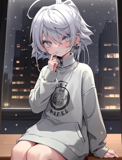 ((masterpiece:1.4, best quality:1.2)), 1girl, solo focus, beautiful skin, blush, grey sweatshirt, long white hair, grey eyes, sitting, earrings, Hands piercing, coffee shop window, night, snowing, cityscape, tall female, beautiful and delicate female, comf...