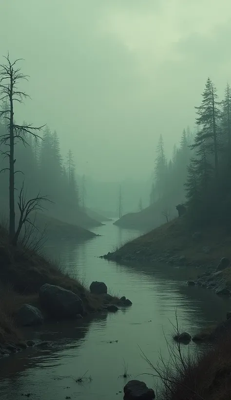 Somber view of a flooded landscape, symbolizing the aftermath, with the ark in the distance; muted colors, a sense of quiet, haunting warning lingers.