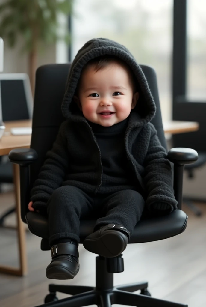 Create a cheerful cuddly baby girl sitting in a black office chair,  she is wearing a black hooded jacket with an open closure ,  she is also wearing a black sweater and black shoes ,  she is sitting in a swivel office chair ,  you are looking at your cell...