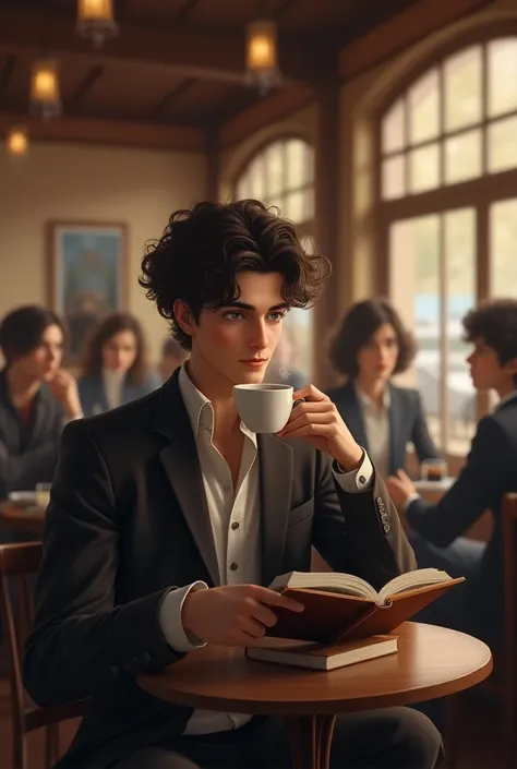 Create an image of Boku No Hero, a boy drinking coffee ,  Curly Hair , handsome and well dressed ,  while in the cafeteria reading a book