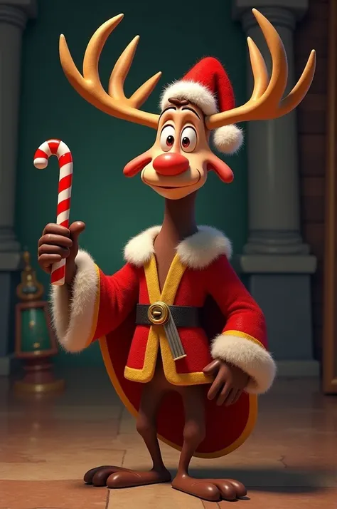  The Emperors New Groove kronk with a Christmas hat and with a lever that is a Christmas cane on his hand on Disney art style