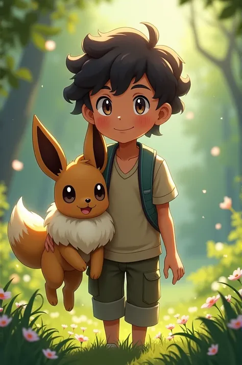 Brown boy accompanied by Eevee 