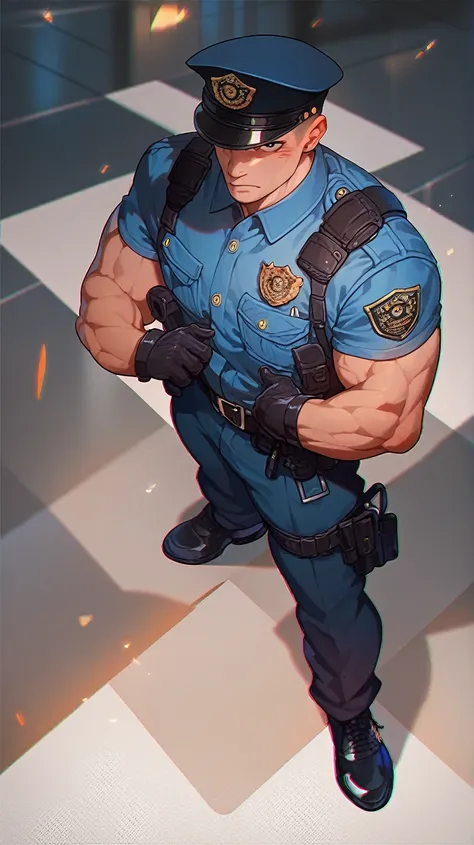 A muscular and imposing man in a police suit.