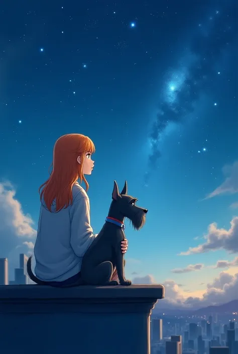  creates a very nice anime-like illustration of a young woman with orange and yellow hair and a dog sitting on the top floor of a building, looking at the sky together and full of love .  The sky must be starry with an intense blue as in the universe and v...