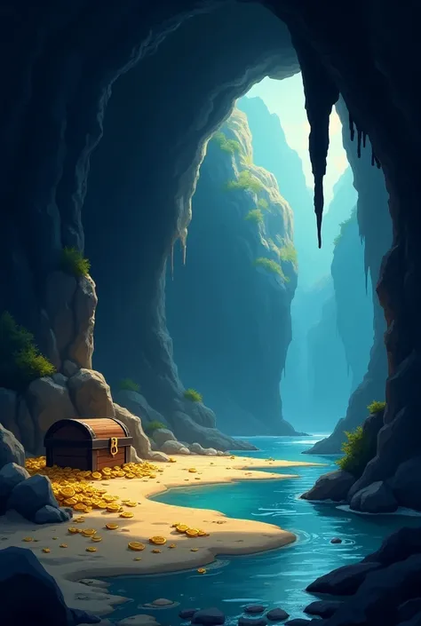  The environment is a cave with an internal lake on the right .  There is a stalagmite coming out of the water ,  on the left you can see gold coins accumulated next to a chest on a good-sized internal beach . The light in the cave is dim and comes out of ...