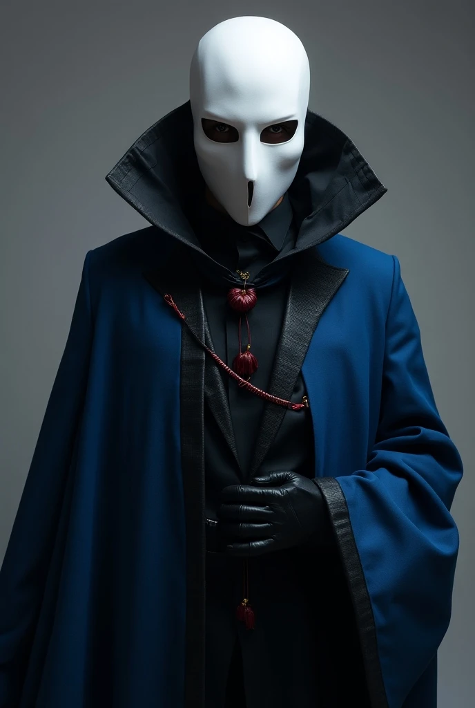 Make a Tactician wearing a faceless white mask and an elegant outfit with blue colors, black and red for Twitch profile 