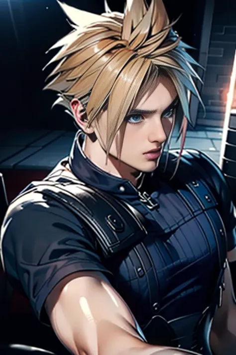 (Highly detailed CG), ( best quality ), (Highly detailed CG), ( best quality ), (Cloud Strife), (Overall view) Huagai ,SWAT Clothing,  beauties, 18 years old,  Lean and muscular,  with a cool and handsome face, Sharp Eyes