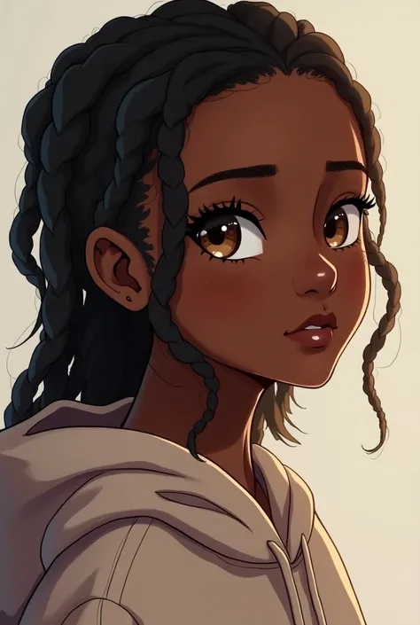 Belle fille anime de peau noire avec des taches de vitiligo,avec des nattes africaines,portant un Sweat à capuche avec des yeux de couleurs bruns