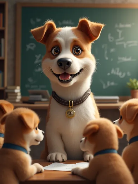 realistic photo of a dog as a teacher teaching little puppies