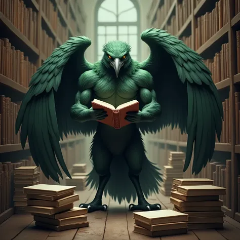 A green muscular winged crow, a furry jock, stands in the library reading a book 