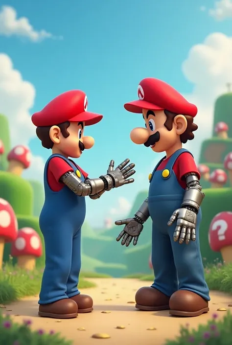 A boy with robot arms greeting Mario Bross 