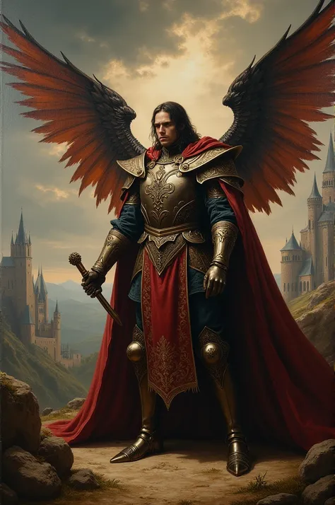 Medieval painting of Lucanis Dellamorte from dragon age with wings 