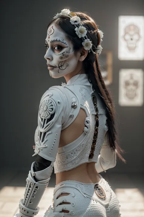 ultra detailed side portrait of female android, beautiful attractive Māori woman with white skin, (dia de los muertos), face is decorated with intricate catrina patterns, female cyberpunk android, very white skin, intricate robot body, very intricate skull...