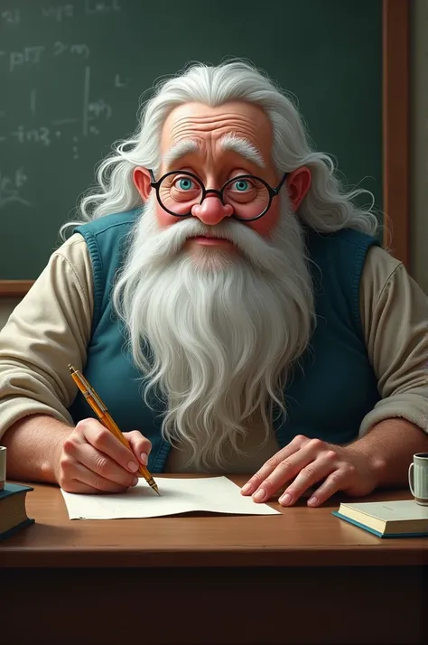 Tall fat teacher big blue eyes ,  long white hair sitting at a teachers desk writing and glasses 