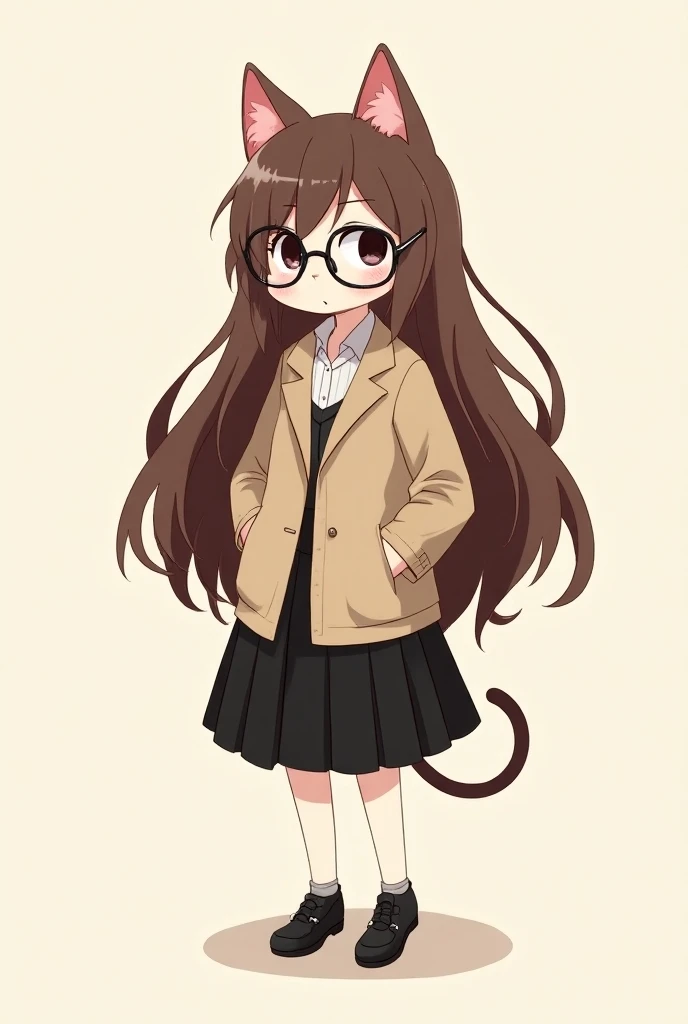 Make a hello kitty with long brown hair and beige jacket and black skirt and with glasses as is in the shape of hello kitty 
