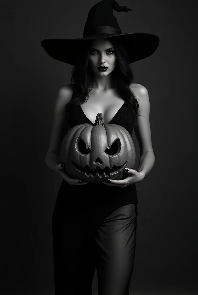 Create an image with a black and white theme,  where the main element is a beautiful witch who wears short clothes, This witch carries and protects a creepy pumpkin .
