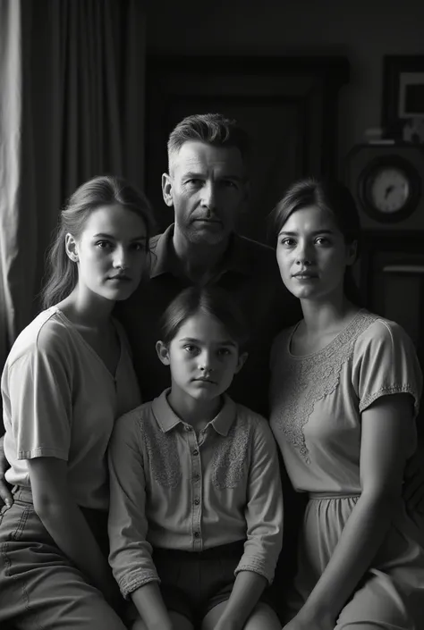  Create an image of a family in an old photograph , In black and white,  with a nostalgic atmosphere and a touch of melancholy . in the center of the image,  there is a mature-looking man ,  surrounded by his two teenage daughters ,  with slightly distant ...